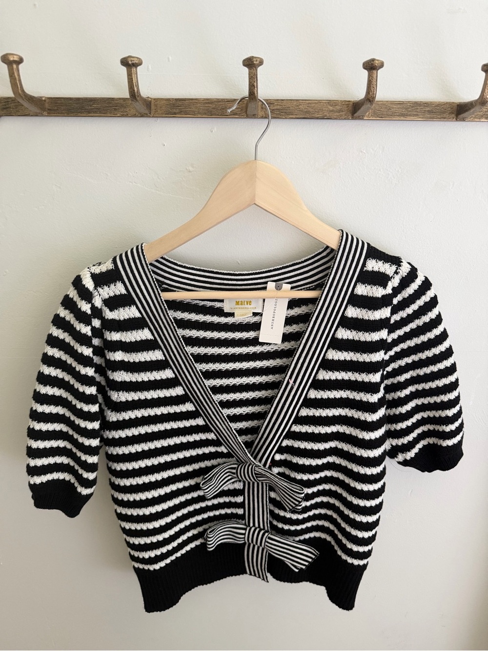 Anthropologie Black & White Striped V-Neck Tie-Front Sweater - Picture 4 of 7